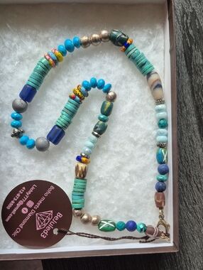 Natural Stone Beaded Necklace Turquoise Agate Lapis Sterling And African Beads